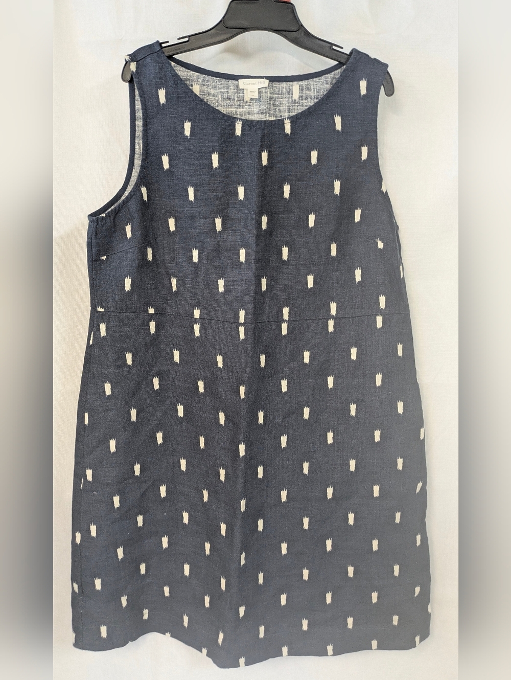 Garnet Hill Linen Navy Shift Dress with Ivory Brush Dot Print